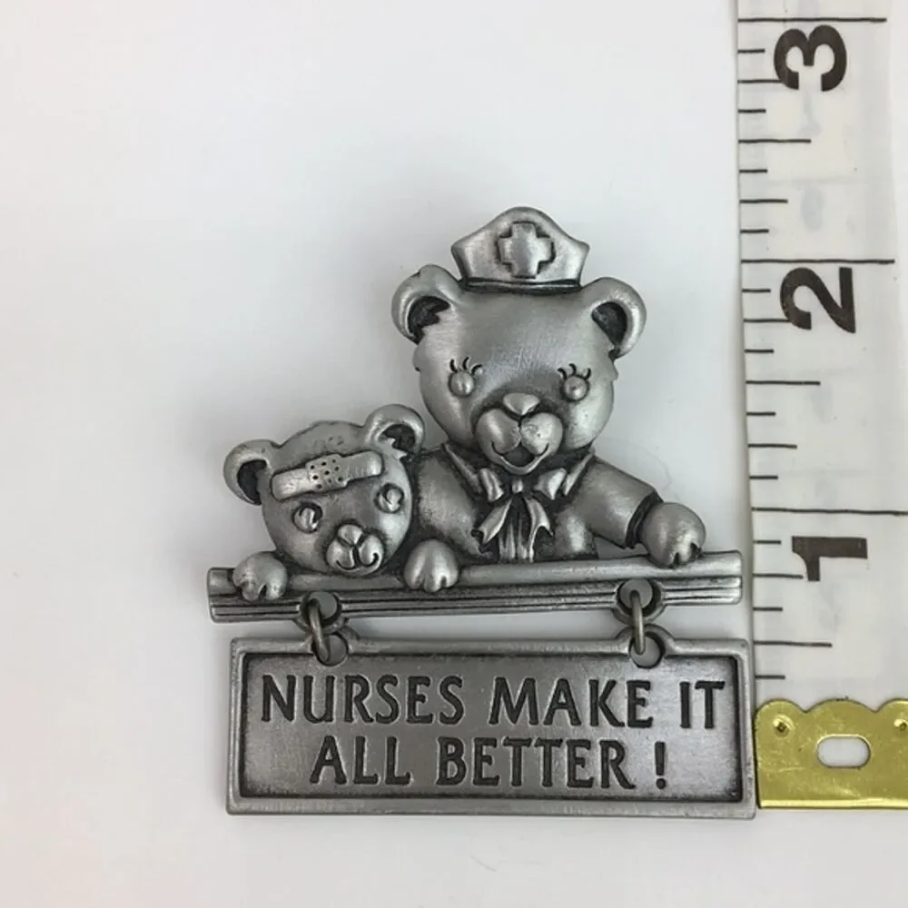 Vtg. J.J. Brooch Pin Nurses‎ Teddy Bear Articulated Kitchy Cute Nurse Gift